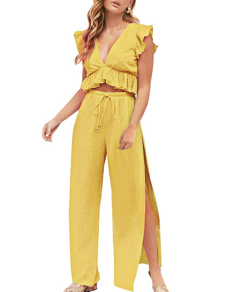 FANCYINN Womens 2 Pieces Outfits Deep V Neck Crop Top Side Slit Drawstring Wide Leg Pants Set Jumpsuits Turmeric S - Image 1